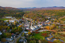 Aerial View Of Downtown Stowe, Vermont New England Town During Autumn Landscape With Fall Foliage Colors