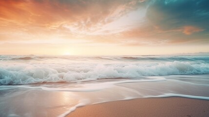 Poster - Generative AI : Blur tropical beach with bokeh sun light wave abstract background. Copy space of outdoor summer vacation and travel adventure concept. Vintage tone filter effect color style.