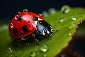 Poster - Generative AI : Ladybug with black eyes in macro. Super macro photo of insects and bugs. Ladybug on green leaf.
