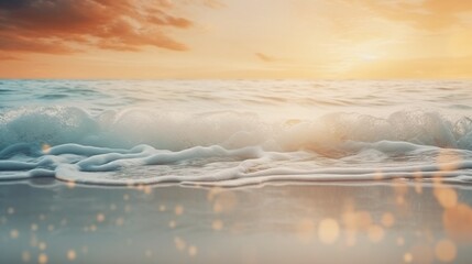 Poster - Generative AI : Blur tropical beach with bokeh sun light wave abstract background. Copy space of outdoor summer vacation and travel adventure concept. Vintage tone filter effect color style.