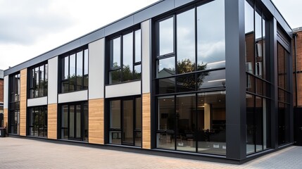 Modern office building exterior with glass wall and windows. Perspective view