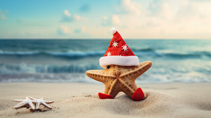 Wall Mural - Starfish in christmas santa claus hat on tropical beach created with Generative AI Technology