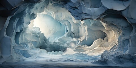 the entrance to an ice cave with water inside, in the style of light indigo and dark beige, generative AI