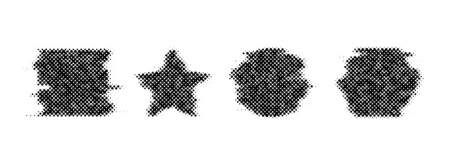Halftone glitch geometric shapes set. Dotted star, square, circle and hexagon elements. Black noise texture objects for banner, poster, collage, flyer, booklet, brochure. Vector collection