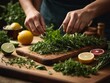 The fresh, vibrant herbs being chopped finely on a wooden cutting board.