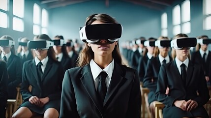 educational innovation Female student in virtual reality glasses joins teacher during lesson in bright classroom at school