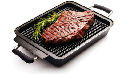 Barbeque pan grill with folding handle with juicy meat steaks placed on it isolated on a white background 