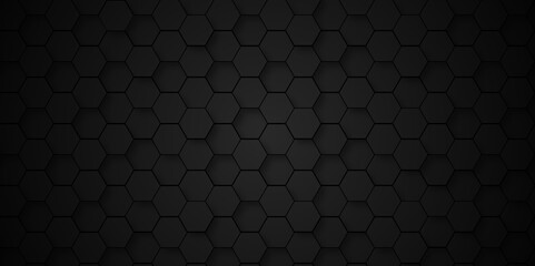 Background of abstract black 3d hexagon background design a dark honeycomb grid pattern. Abstraction futurstic technology dark black 3d background. Black geometric background for design.