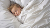 Fototapeta  - During the day cute babies sleep soundly in beds with white sheets and blankets made with Generative AI Technology