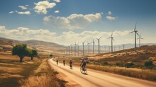 Cyclist On The Urban Road Practicing And Training In The Background Wind Turbines Clean Energy, Landscape With Wind Turbines