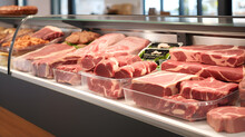 Refrigerated Display Case With Fresh Meat In Supermarket. Meat In Display Cases On Market