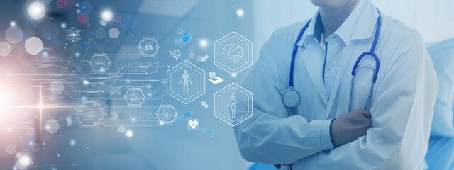 Wall Mural - Medical business service digital online concept, Doctor with icon background paramedic healthcare technology, system analysis network connection hologram virtual screen, banner panoramic header.