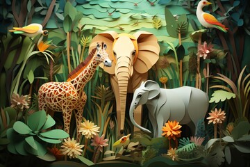 3d paper art craft illustration of zoo and animals