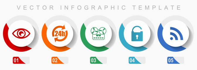 Aufkleber - Media icon set, miscellaneous icons such as eye, 24h, music recorder, padlock and signal, flat design vector infographic template, web buttons in 5 color options