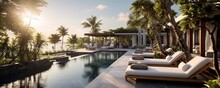 A Serene Poolside View At A Luxurious Bali Villa With A Relaxing Terrace Adorned With Comfortable Sofas And Sun Loungers