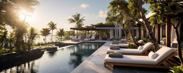 A serene poolside view at a luxurious Bali villa with a relaxing terrace adorned with comfortable sofas and sun loungers