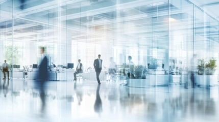 Wall Mural - Blurred business people in white glass office background.