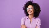 Fototapeta  - happy young woman smiling and wearing glasses on light purple background with empty space for text created with Generative AI Technology