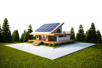 Wall Mural - Eco house with sun solar panels energy on a roof, isolated on white and transparent background, ai generate