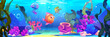 Seabed with marine habitats and algae - cartoon underwater landscape with fishes and jellyfish, seaweeds and corals on ocean or aquarium bottom. Sea world animals and plants - aquatic creatures.