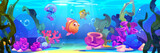 Fototapeta Pokój dzieciecy - Seabed with marine habitats and algae - cartoon underwater landscape with fishes and jellyfish, seaweeds and corals on ocean or aquarium bottom. Sea world animals and plants - aquatic creatures.