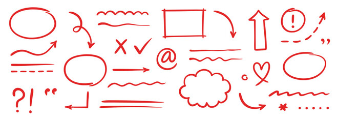 Aufkleber - Pen marker line red arrow, underline, emphasis element set. Hand drawn red marker brush stroke style arrow, text underline, round frame set. Doodle sketch pencil text decoration. Vector illustration