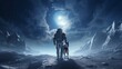 Astronaut and dog walking towards the moon. Generative ai.