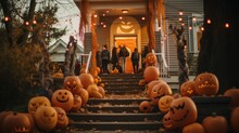 Trick Or Treat Show Kids Going Door To Door Interacting With Other Kids And Friendly Neighbors Wear Scary Halloween Ai Generated