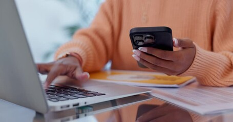 Canvas Print - Laptop, search and phone with hands of person for social media, networking and website. Technology, email and communication with closeup of woman browsing at home for online, news and contact