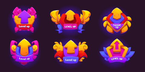 Wall Mural - Level up game ui badges with arrow, ribbon and sign. Cartoon vector set of gui interface label or achievement for complete tier and moving to next step. Videogame user interface reward design.