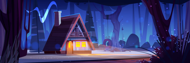 Wall Mural - Wooden cabin in forest at night. House made of wood in evening in moonlight with light in windows and from lamp. Cartoon natural fantasy landscape with trees, fireflies and small hut with chimney.