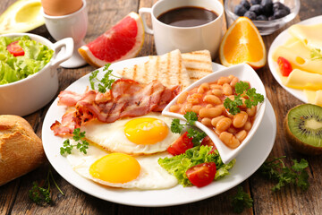 Poster - english breakfast with fried eggs, toast and bacon, bean and coffee cup