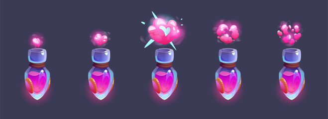Aufkleber - Magic pink love elixir in bottle with heart shaped smoke. Cartoon game animation stages of glowing and sparkling steam. Explosion with puffing cloud from chemical reaction of potion in glass tube.