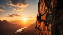 Extream Sport A Person Climbing A Rock Face At Sunset Young Man Climb Cliff Moutain Extream Sport Activity Risk Lifestyle Nature Mountain And Beautiful Sunset Sky Background
