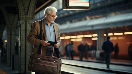 old senior businessman wear suit wating for train while reading news from paper or tablet he is standing on train station paltform daytime transportation concept