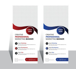 Corporate creative professional rollup banner template, advertisement vector illustration with 3 colo design