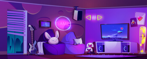 Canvas Print - Game and stream room setup. Cartoon home gamer zone interior for playing online video games. Purple lounge with neon glowing elements on walls, tv set with console and joystick, bean bag armchair.