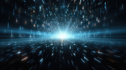 Bright flashing energy light code lines on screen with beautiful blue light technology on futuristic light speed background