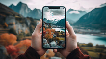 Hand of a man holding mobile phone with camera on and natural landscape in background.