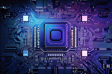 A powerful computer processor or chip on a motherboard. Modern technologies. Blue background.