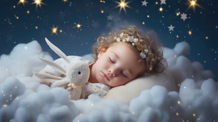 Sticker - A little girl sleeping on a cloud with a bunny