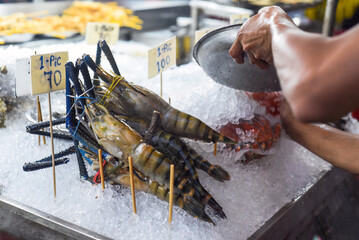 Sticker - Raw shrimps in ice in the Jalan Alor street food in Kuala Lumpur