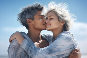 Wall Mural - Romantic moment captured as man and woman share passionate kiss on sandy beach. This image can be used to depict love, affection, relationships, or summer vacations.