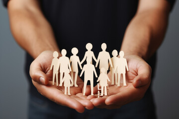 Person is seen holding paper cutout of family. Various contexts, such as family, relationships, diversity, or even advertising campaigns promoting unity and togetherness.