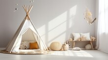 Natural Colors Children Room With Teepee Tent, Scandi Interior Design AI Generated