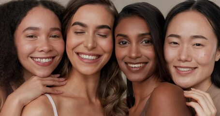 skincare group, studio face and happy women smile for cosmetics shine, beauty glow and spa wellness 