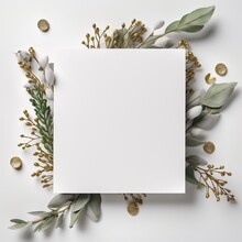 White Blank Paper Greeting Card With Christmas Decorations, New Year Holidays Festive Mock Up