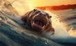Photo of a hippopotamus swimming in the ocean with its mouth open