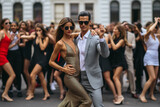 Fototapeta  - A man and woman dancing in front of a crowd of dancing people on the street.