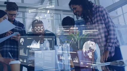 Poster - Animation of graphs, globes, loading bars and circles over diverse coworkers sharing ideas in office
